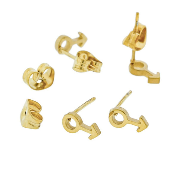 Boucles d'oreilles en acier inoxydable doré - clous de signe masculin - 10 mm x 8 mm - 2 pièces 1 paire - ER362