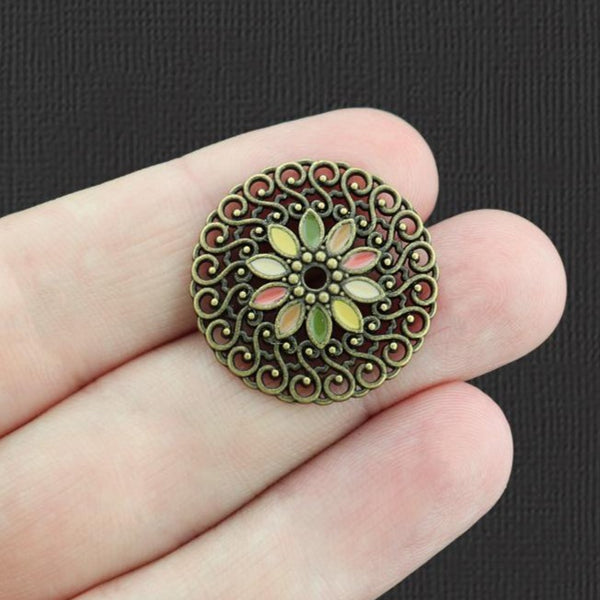 4 Muted Filigree Connector Antique Bronze Tone Enamel Charms - E1028
