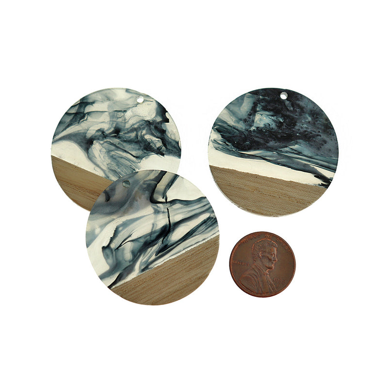 Round Natural Wood and Resin Charm 38mm - Smoke Black and White - WP547