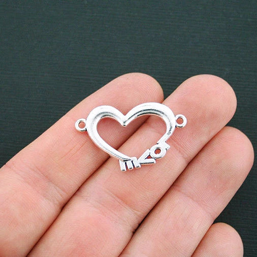 6 Heart Connector Antique Silver Tone Charms - SC405