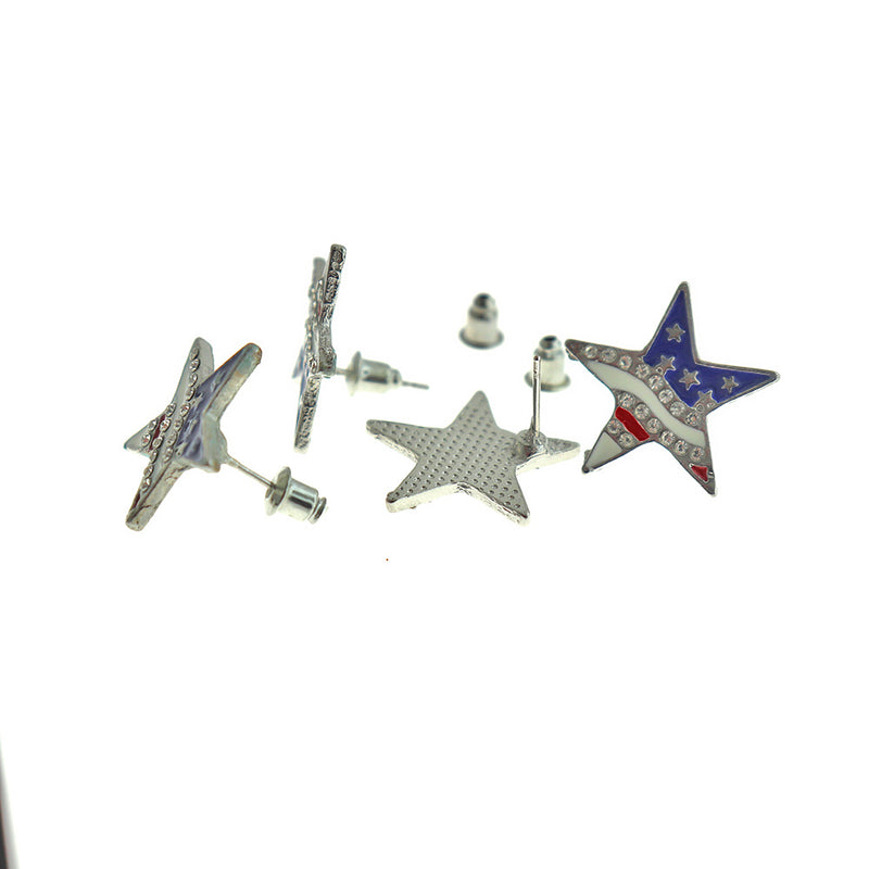 Star Silver Tone Earrings - American Flag with Inset Rhinestones - 2 Pieces 1 Pair - ER316