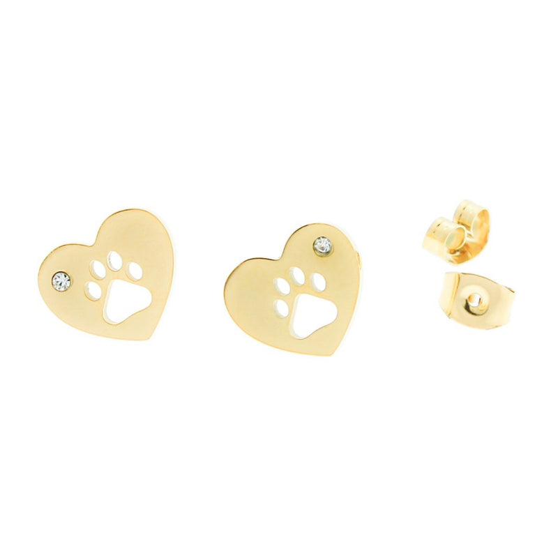 Gold Stainless Steel Earrings - Rhinestone Heart Paw Print Studs - 12mm x 10mm - 2 Pieces 1 Pair - ER018