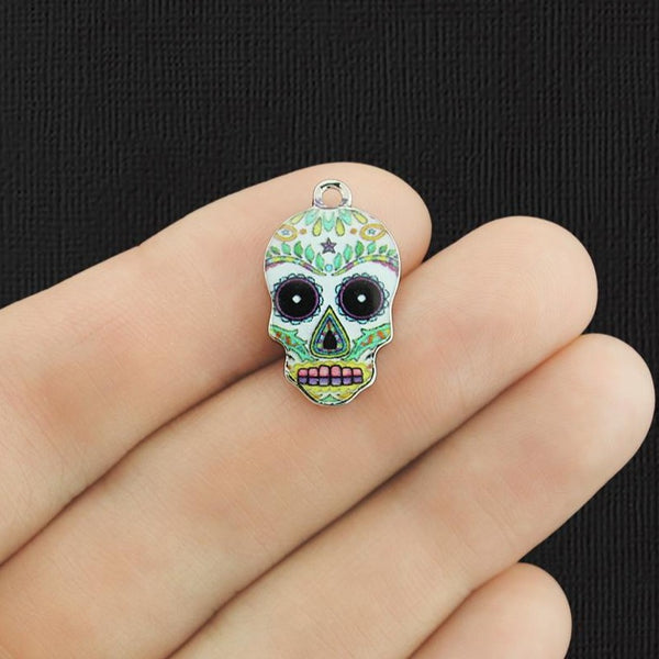 4 Floral Skull Silver Tone Enamel Charms - E1089