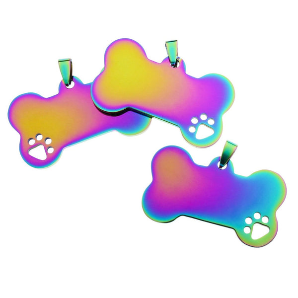 Dog Bone Tag Stamping Blank - Rainbow Electroplated Stainless Steel - 50mm x 36mm - 1 Tag - MT066