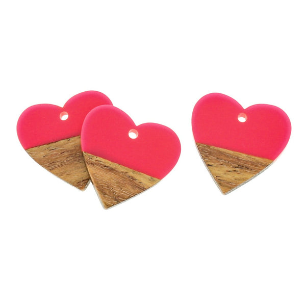 2 Heart Natural Wood and Pink Resin Charms 25mm - WP006