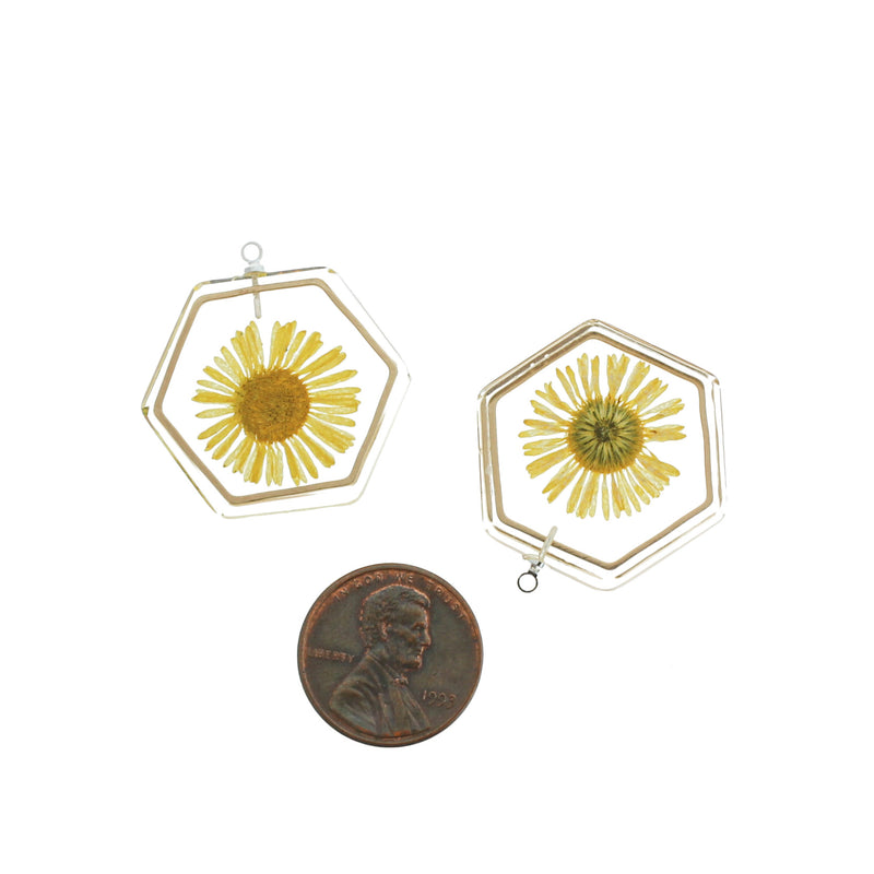 2 Yellow Dried Flower Silver Tone and Resin Charms - K421