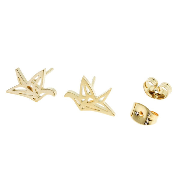 Boucles d'oreilles en acier inoxydable doré - Origami Crane Studs - 12mm x 8mm - 2 pièces 1 paire - ER121