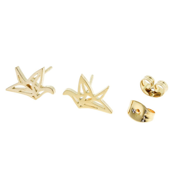 Gold Stainless Steel Earrings - Origami Crane Studs - 12mm x 8mm - 2 Pieces 1 Pair - ER121