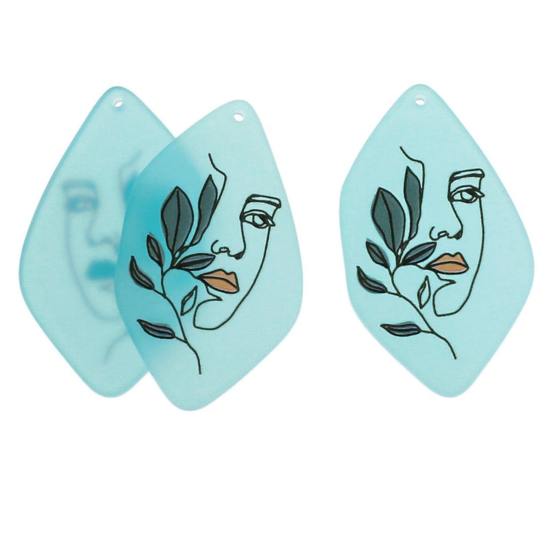 2 Blue Floral Artistic Profile Resin Charms - K091