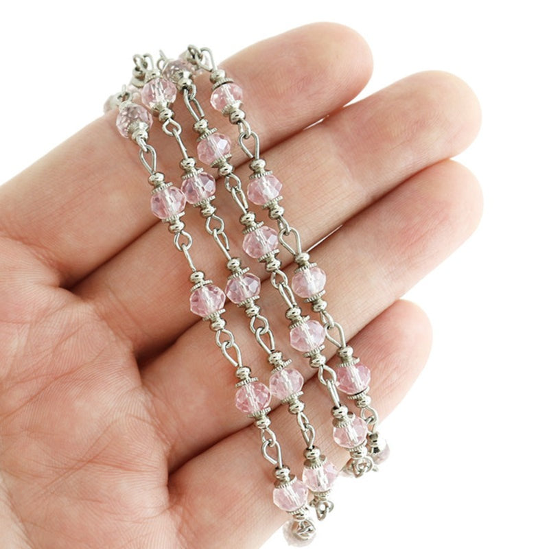 BULK Beaded Rosary Chain - 6mm Rondelle Pink Glass & Silver Tone - 3.3ft or 1m - RC052