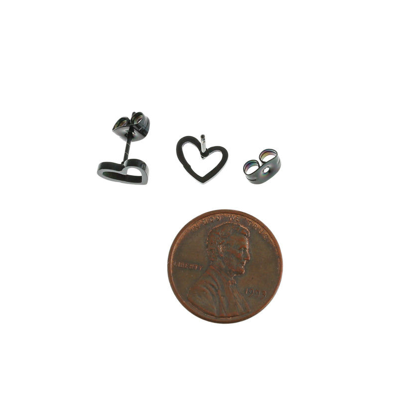 Boucles d'oreilles en acier inoxydable noir Gunmetal - clous de coeur - 9mm x 8mm - 2 pièces 1 paire - ER239