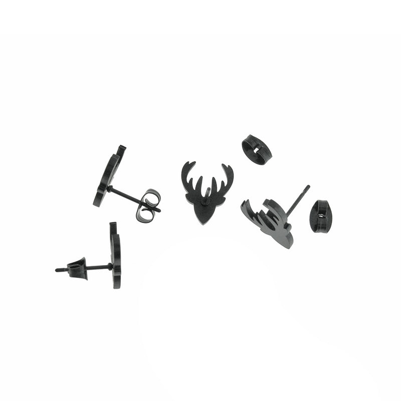 Gunmetal Black Stainless Steel Earrings - Reindeer Studs - 13mm x 11mm - 2 Pieces 1 Pair - ER494