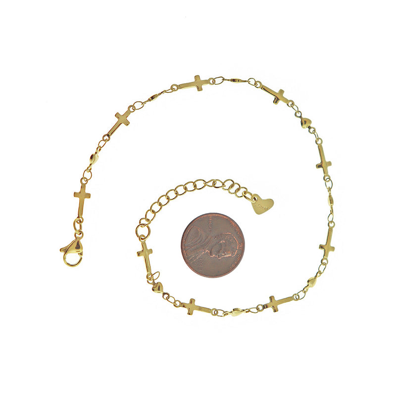 Bracelets chaîne coeur croix acier inoxydable doré 11" plus prolongateur - 3mm - 5 bracelets - N807