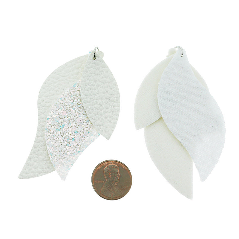 Imitation Leather Marquise Pendants - Pearl White Sequin Glitter - 1 Pair 2 Pieces - LP001