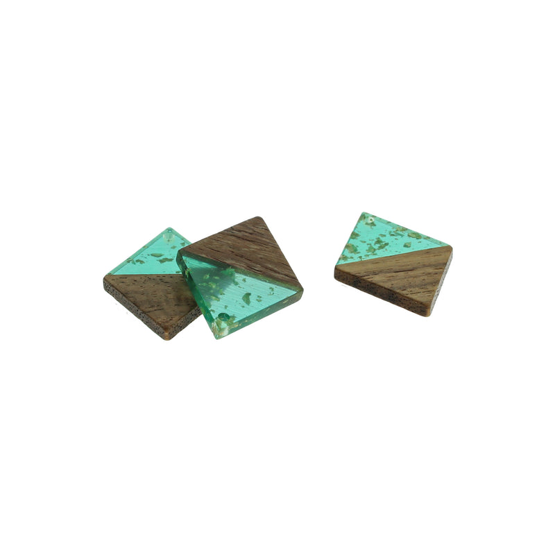 2 Rhombus Natural Wood and Turquoise and Gold Resin Charms 34mm - WP225