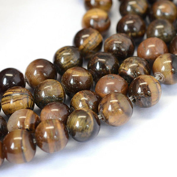 Perles Rondes Naturelles en Oeil de Tigre 8mm - Brun Doré - 1 Rang 47 Perles - BD1342