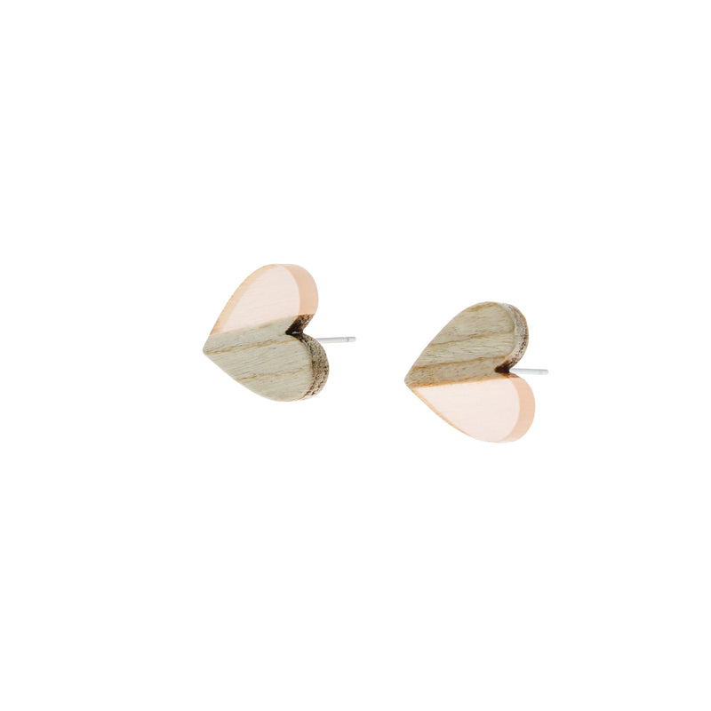 Wood Stainless Steel Earrings - Champagne Resin Heart Studs - 15mm x 14mm - 2 Pieces 1 Pair - ER130