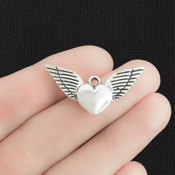 8 Winged Heart Antique Silver Tone Charms 2 Sided - SC1391