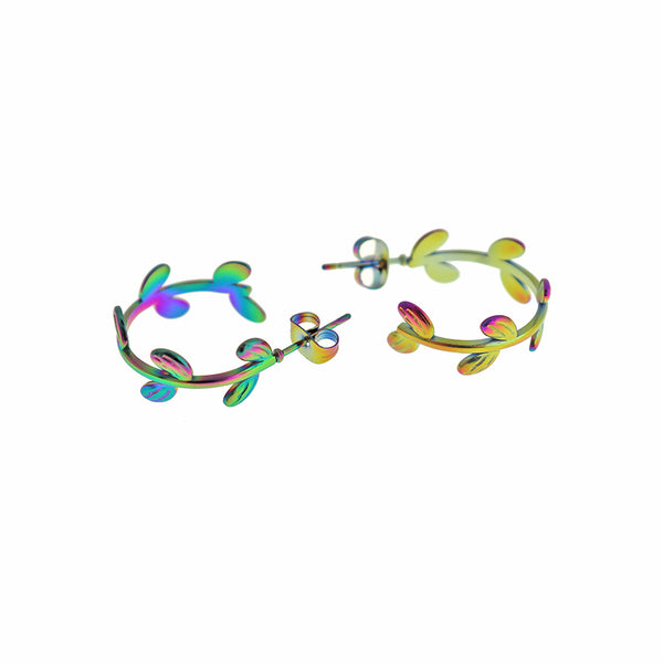Rainbow Electroplated Stainless Steel Earrings - Vine Hoop Studs - 22mm x 8mm - 2 Pieces 1 Pair - ER847