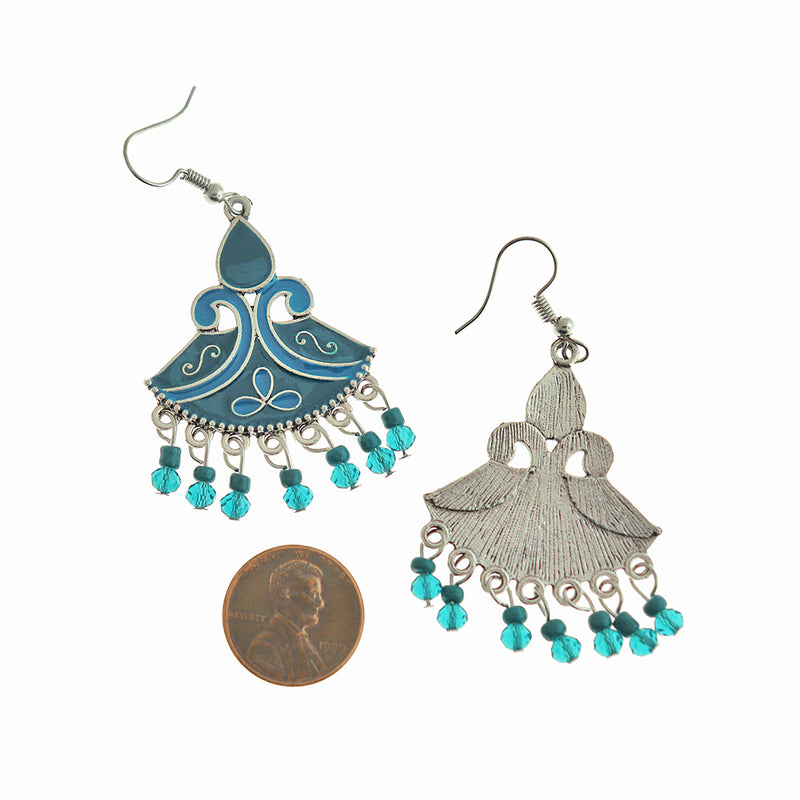 Boucles d'oreilles pendantes en émail bleu - Style crochet français argenté - 2 pièces 1 paire - ER545