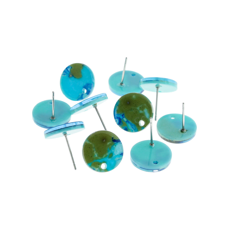 Resin Stainless Steel Earrings - Ocean Blue Studs With Hole - 13mm x 2.5mm - 2 Pieces 1 Pair - ER350