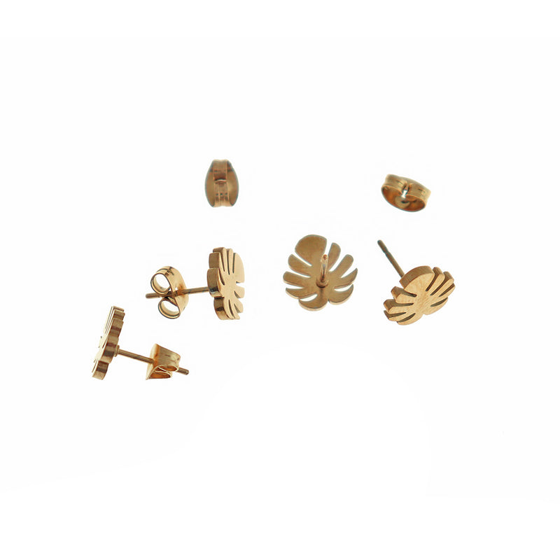 Gold Stainless Steel Earrings - Tropical Leaf Studs - 8mm - 2 Pieces 1 Pair - ER508