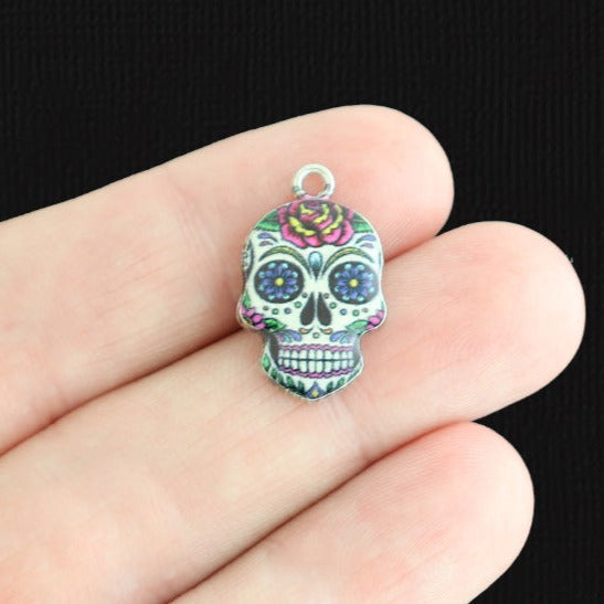 4 Floral Skull Silver Tone Enamel Charms - E1560