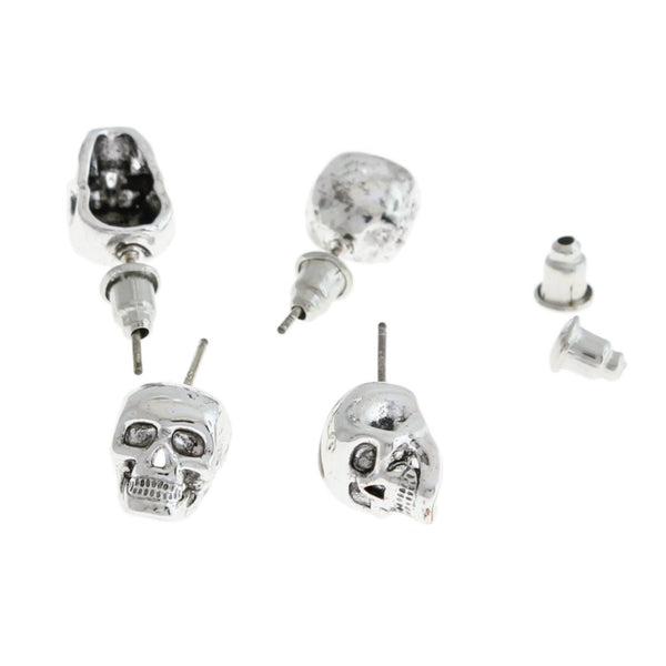Silver Tone Brass Earrings - Skull Studs - 8mm x 7mm - 2 Pieces 1 Pair - ER447