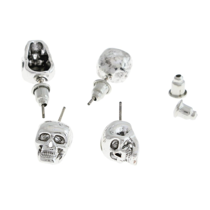 Boucles d'oreilles en laiton argenté - Tête de mort - 8 mm x 7 mm - 2 pièces 1 paire - ER447