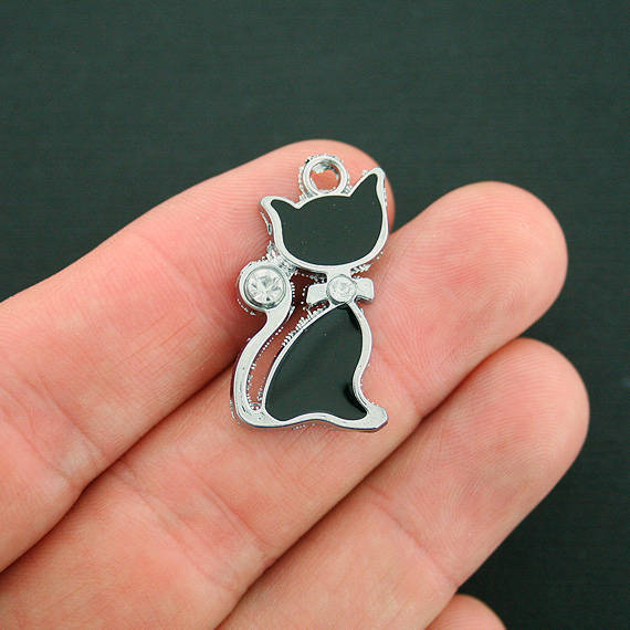 Cat Silver Tone Enamel Charm - E291