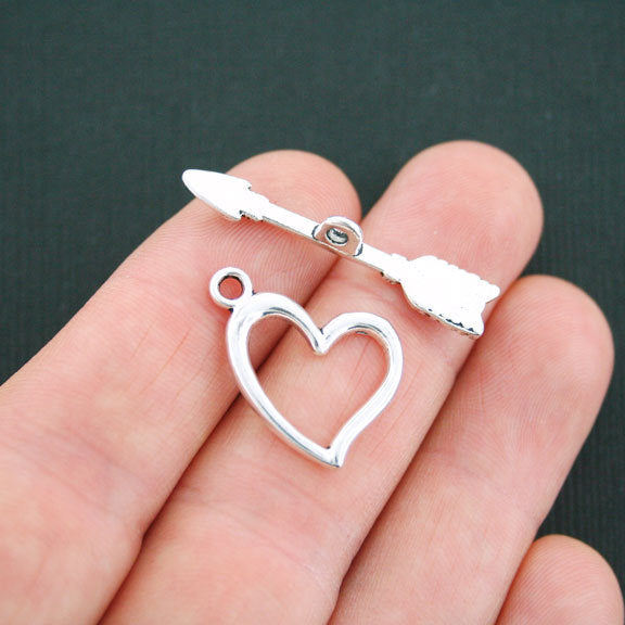 Heart and Arrow Silver Tone Toggle Clasps 20mm x 19mm - 8 Sets 16 Pieces - SC5051