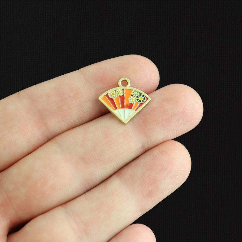 8 Orange Chinese Fan Gold Tone Enamel Charms - E328