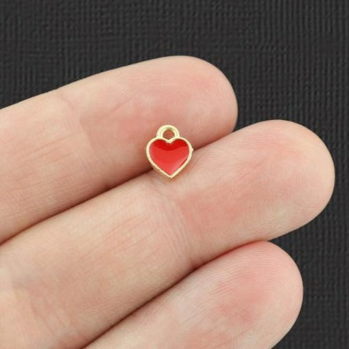 12 Red Heart Gold Tone Enamel Charms - E522