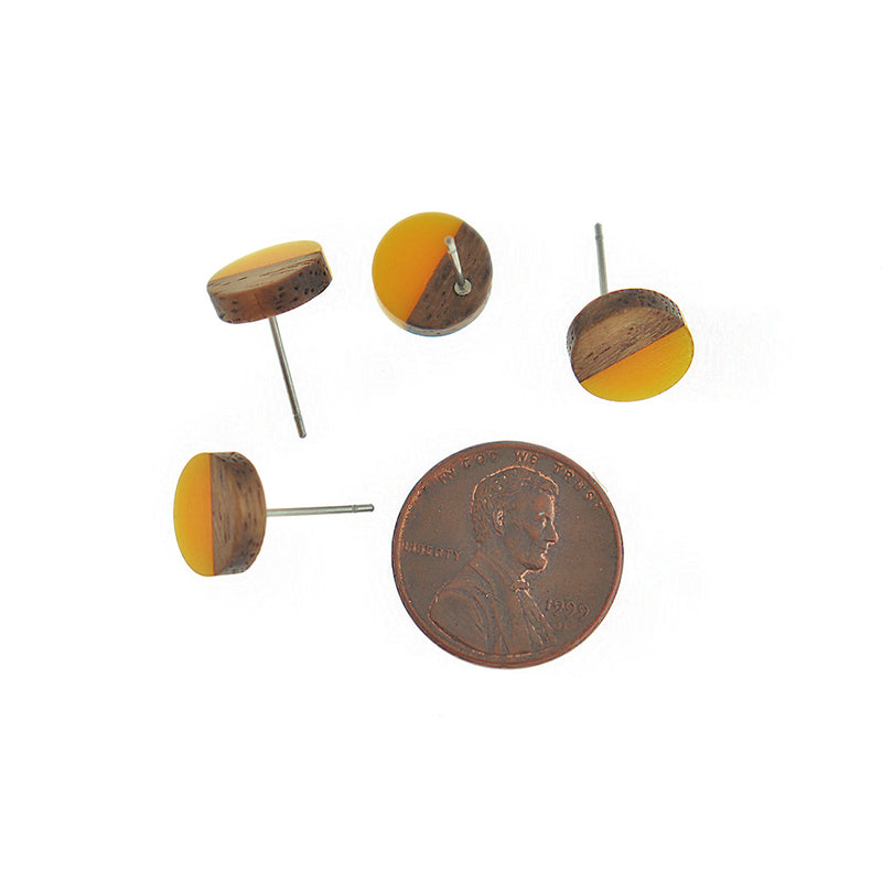 Wood Stainless Steel Earrings - Yellow Resin Round Studs - 10mm - 2 Pieces 1 Pair - ER780