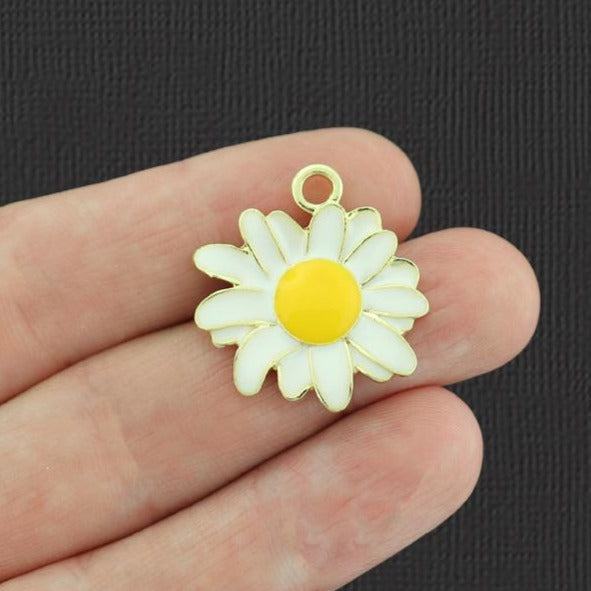 2 Daisy Flower Gold Tone Enamel Charms - E944