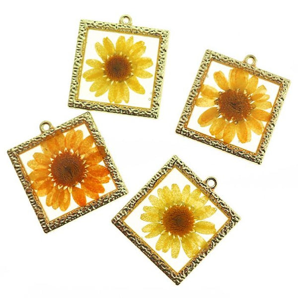 2 Yellow Dried Flower Gold Tone and Resin Charms - Z096-B