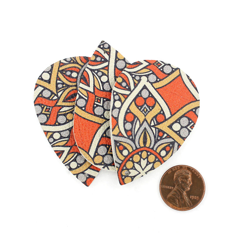 Imitation Leather Teardrop Pendants - Tan Orange Grey Floral - 4 Pieces - LP063