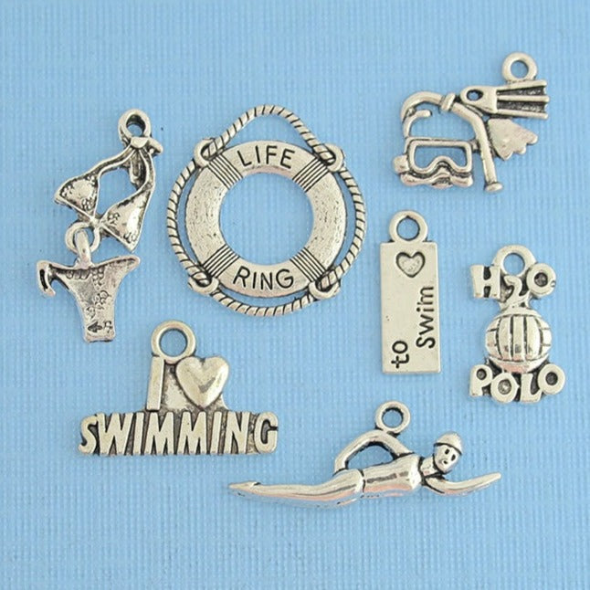 Swimming Charm Collection Antique Silver Tone 7 Different Charms - COL259