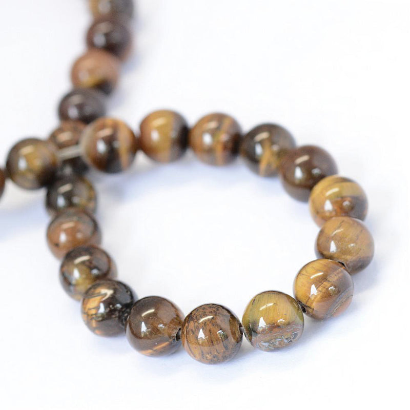 Perles Rondes Naturelles en Oeil de Tigre 8mm - Brun Doré - 1 Rang 47 Perles - BD1342