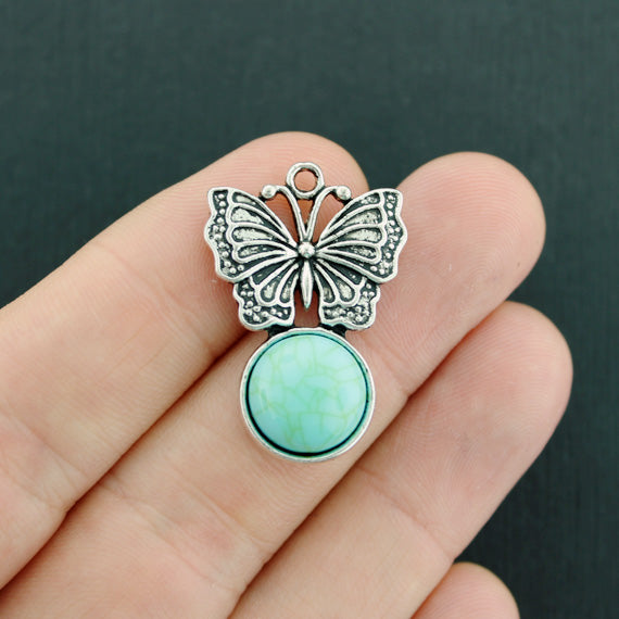 4 Butterfly Pendant Antique Silver Tone Charms with Imitation Turquoise - SC7643