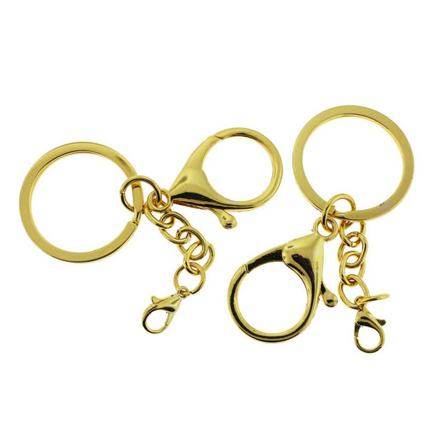 Gold Tone Key Rings with 2 Lobster Clasps and Attached Chain - 30mm - 2 Pieces - FD839