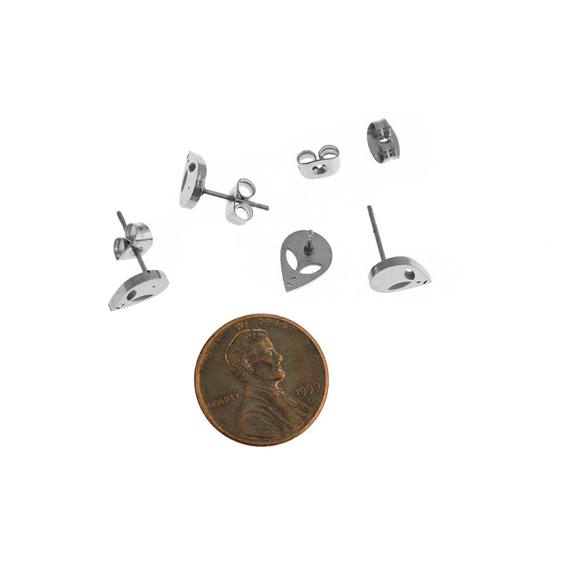 Stainless Steel Earrings - Alien Studs - 10mm x 8mm - 1 Pair - Choose Your Tone!