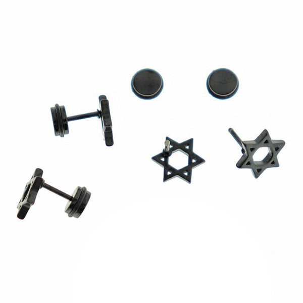 Gunmetal Black Stainless Steel Earrings - Star of David Studs - 10mm x 2mm - 2 Pieces 1 Pair - ER282