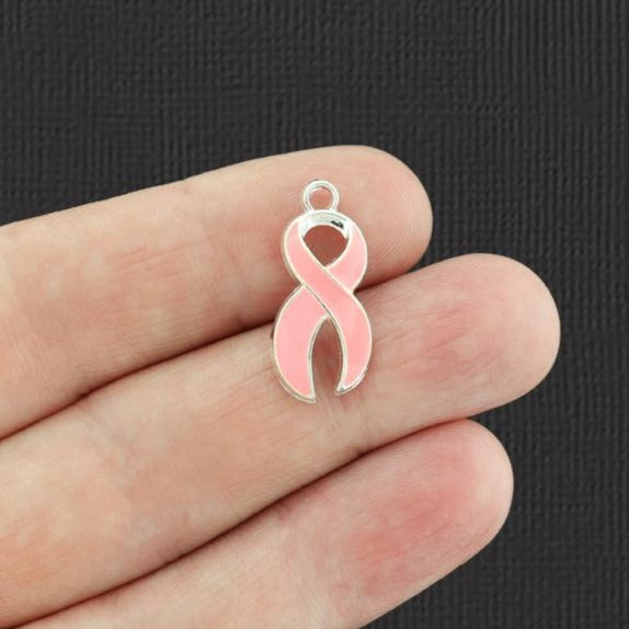 2 Pink Awareness Ribbon Silver Tone Enamel Charms - E237