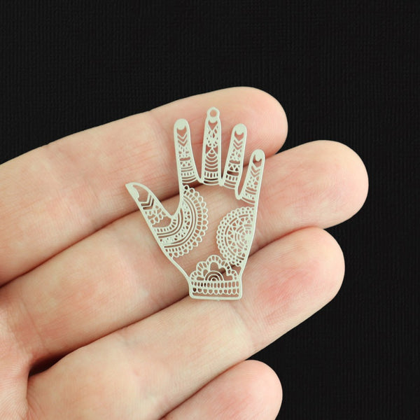 6 breloques en acier inoxydable ton argent Mandala Palm - SSP606