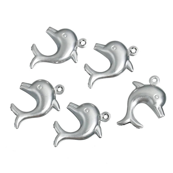 4 Dolphin Silver Tone Stainless Steel Charms 2 Sided - MT308