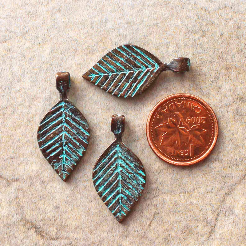 Leaf Antique Copper Tone Mykonos Charms with Green Patina 2 Sided - BC1549