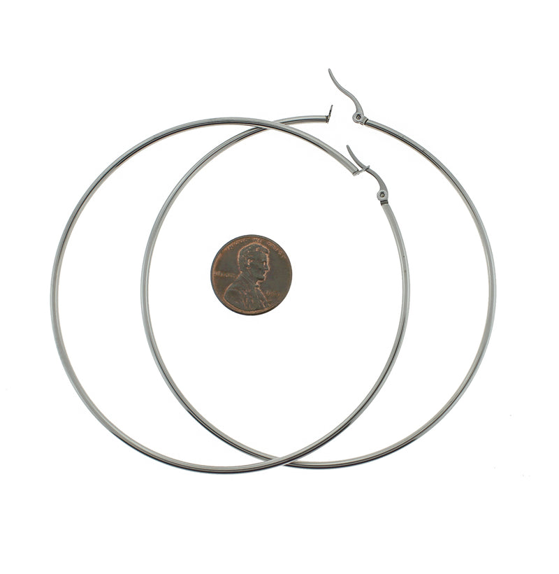 2 boucles d'oreilles créoles - fils de boucle d'oreille ronds à levier en acier inoxydable argenté - 1 paire - Z447