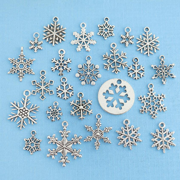 Collection de breloques flocon de neige de luxe ton argent antique 24 breloques - COL320