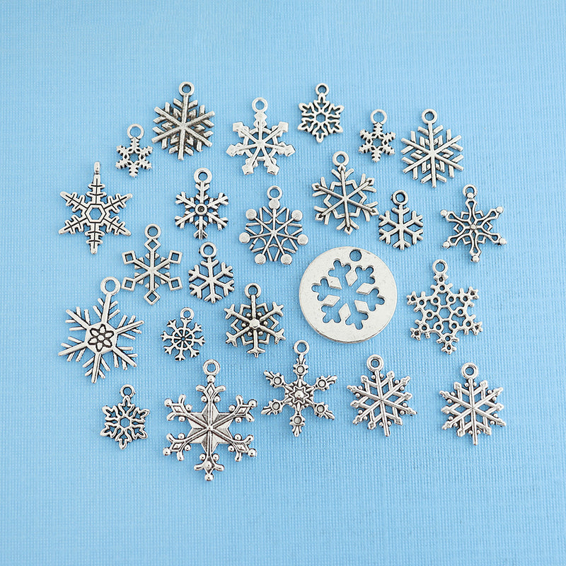 Deluxe Snowflake Charm Collection Antique Silver Tone 24 Charms - COL320